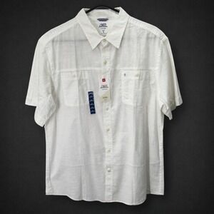 IZOD Men's Saltwater Shirt XL White Chambray Short Sleeve Slim Fit Button Up
